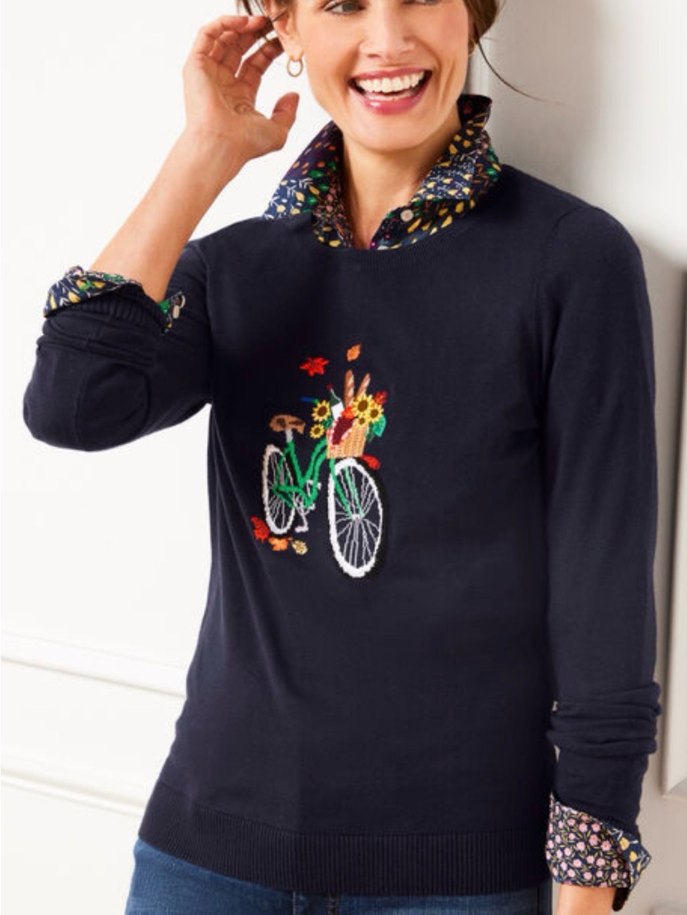 Talbots Navy Sweater with Embroidered Bicycle Motif